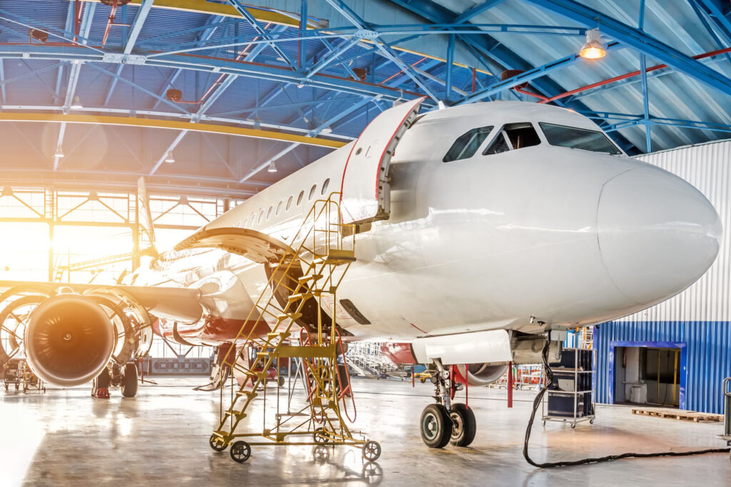 Maintenance and repair of aircraft in the aviation hangar of the airport